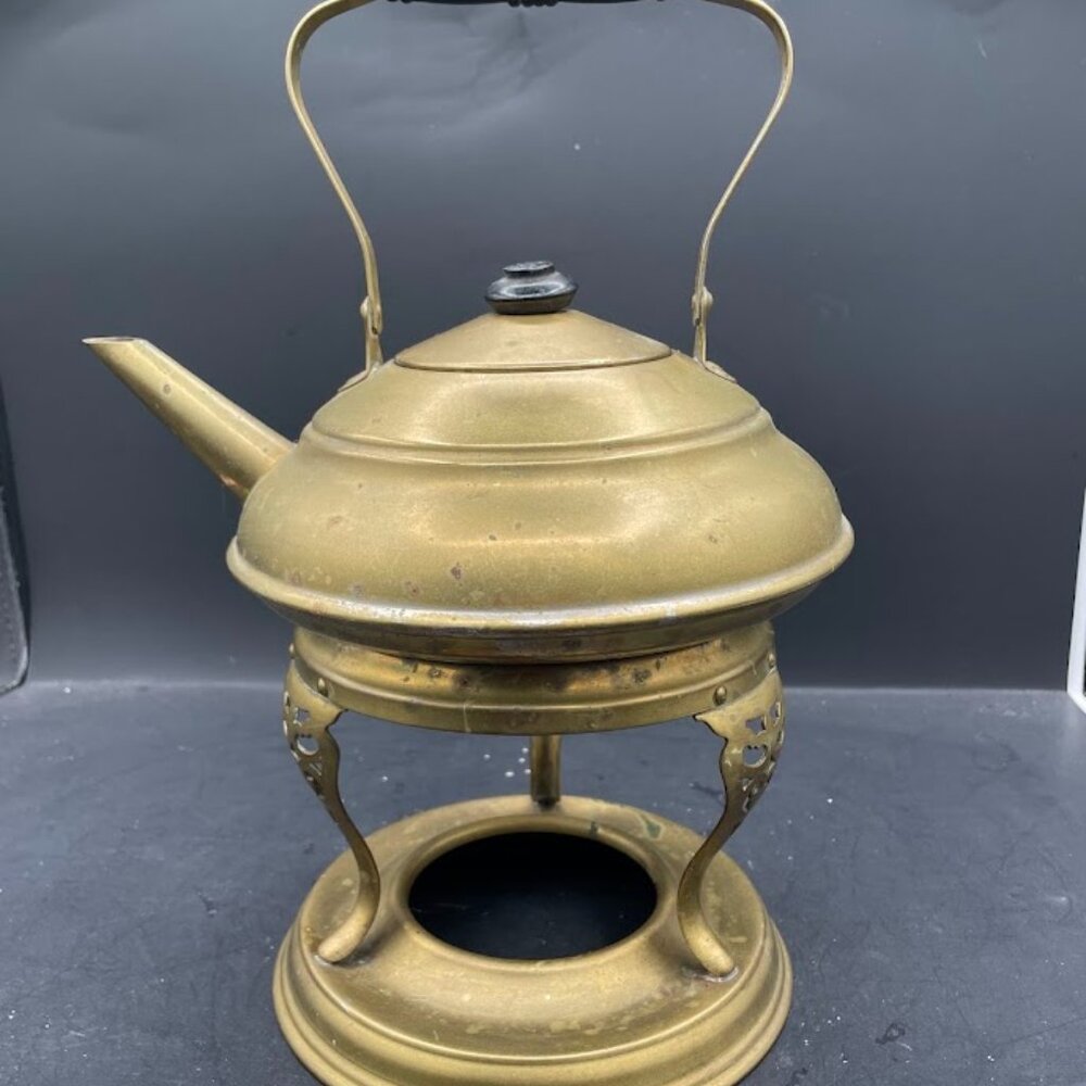 Manning Bowman Brass Colored Teapot Kettle with Brass Warming Stand READ